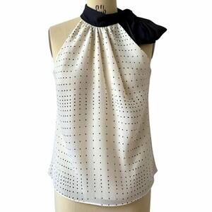 Attention Sleeveless Polka Dot Halter Top with Black Neck Tie - Size L